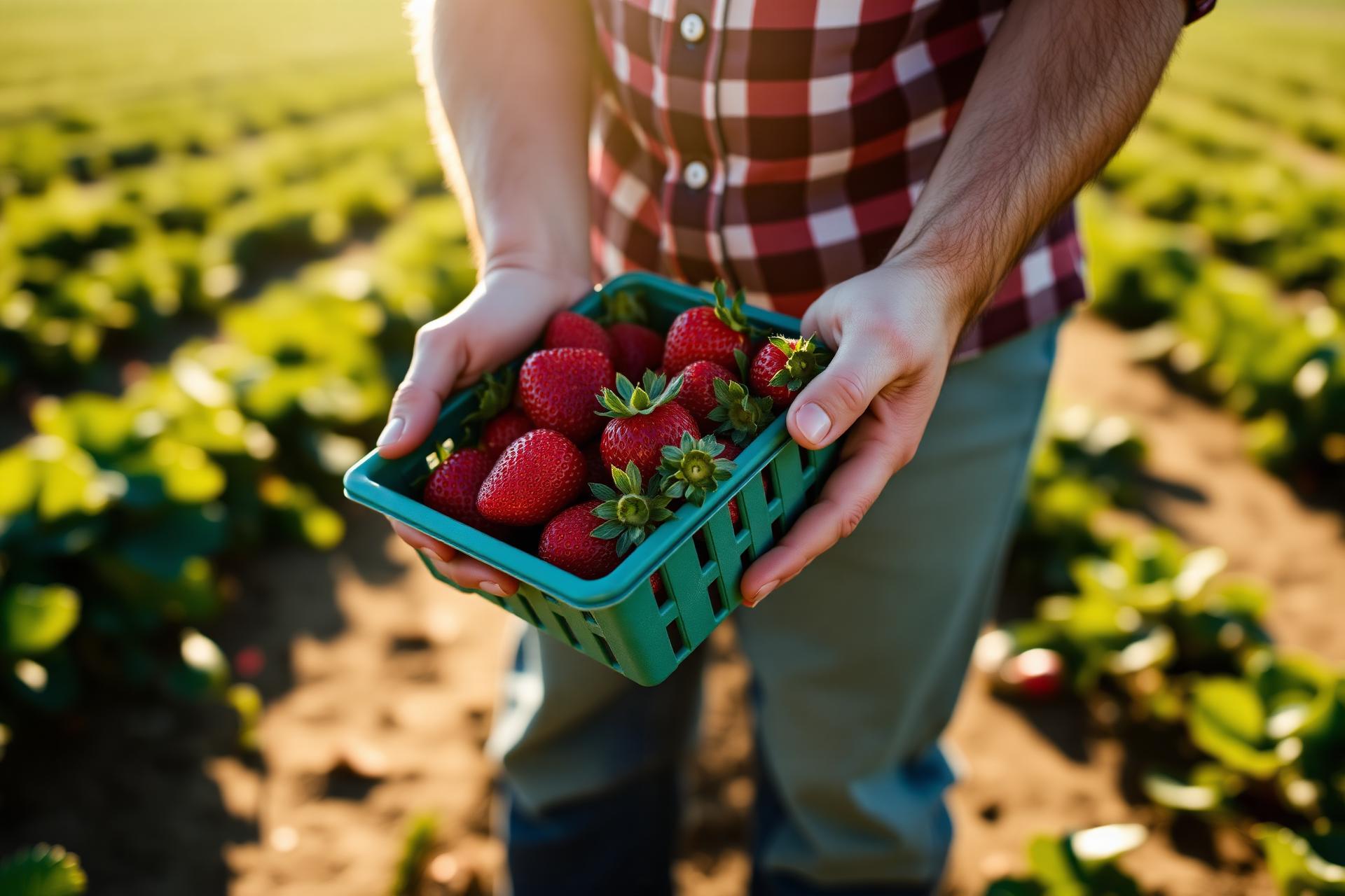 Grower holding a punnet of freshly picked strawberries