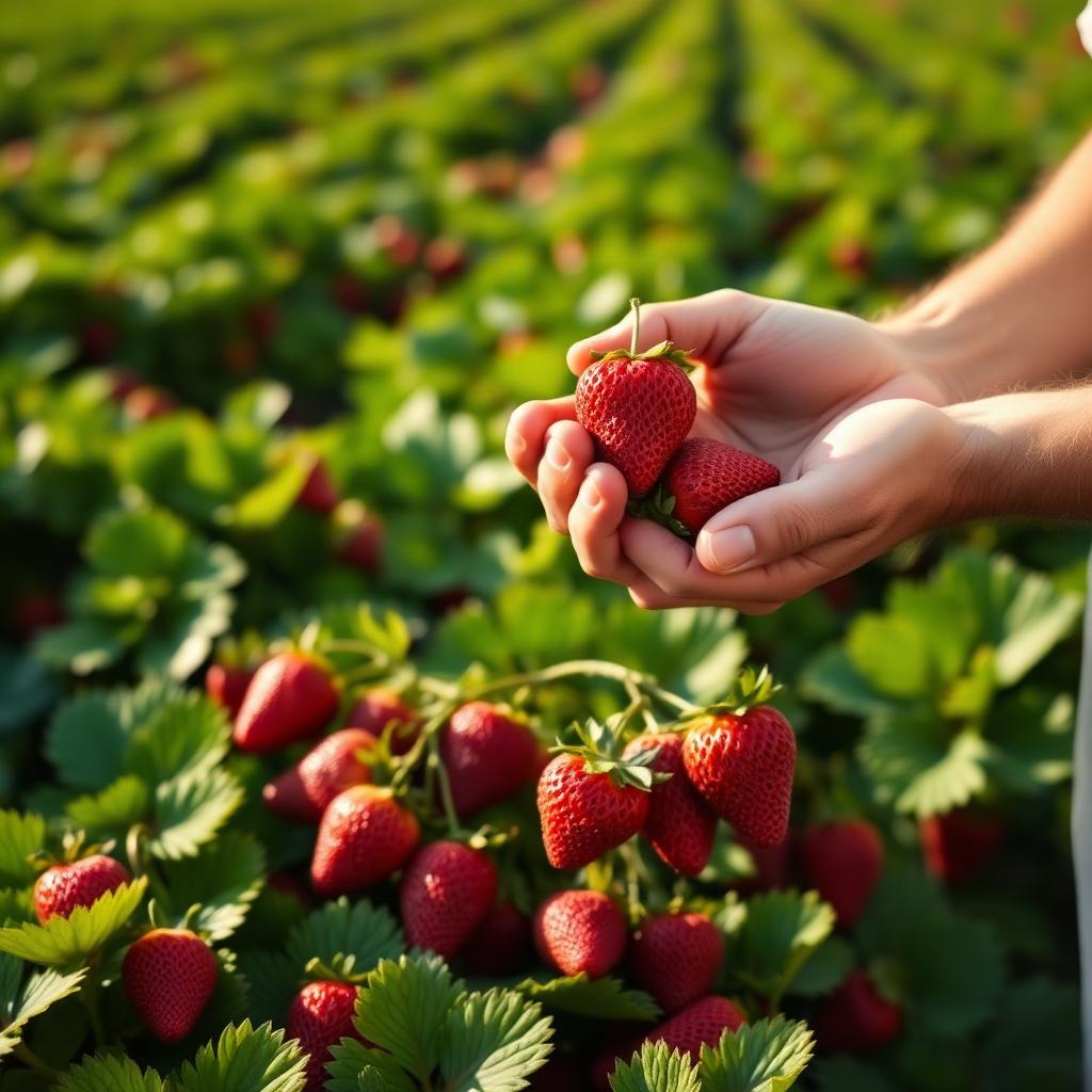 A grower's hands holding freshly picked strawberries in the field
